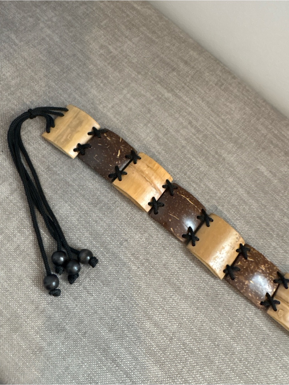 Boho Chic Natural Coconut Shell Tile Beaded Tie Waist Belt With Wood Accents - Picture 4 of 10